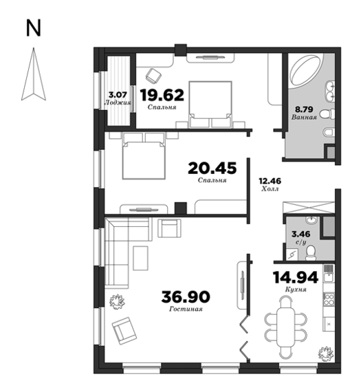 NEVA HAUS, Корпус 2, 3 спальни, 118.16 м² | планировка элитных квартир Санкт-Петербурга | М16